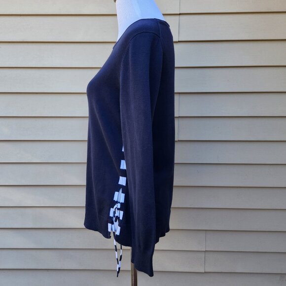 Crown & Ivy Dark Blue Sweater Side Stripes Tie Accent 100% Cotton - Picture 6 of 12